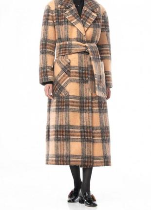 Beige-brown plaid woolen coat 500209 aLOT3 photo