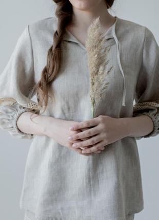 Unbleached linen pajamas with lace. ethno collection3 photo