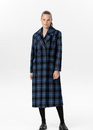 Long double-breasted blue plaid coat 500343 aLOT