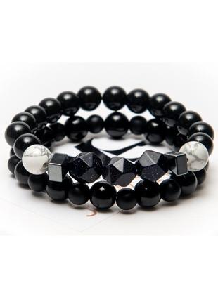 Agate, Shungite, Aventurine, Cacholong Double Bracelet