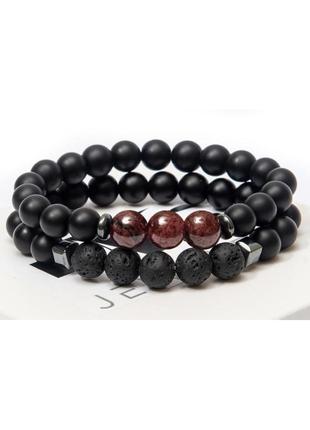 Shungite, Hematite, Garnet, Lava Stone Double Bracelet for Men or Women, DOUBLE RED TRIPLE