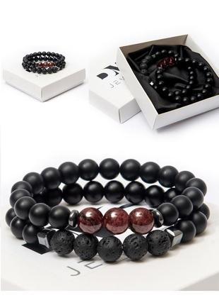 Shungite, Hematite, Garnet, Lava Stone Double Bracelet for Men or Women, DOUBLE RED TRIPLE3 photo