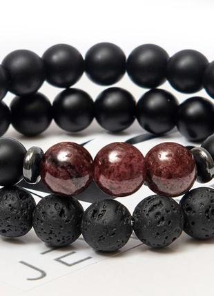 Shungite, Hematite, Garnet, Lava Stone Double Bracelet for Men or Women, DOUBLE RED TRIPLE2 photo