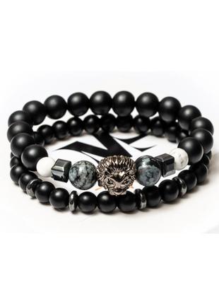 Shungite, Hematite, Cacholong, Obsidian Double Bracelet for Men, BRAVE LION