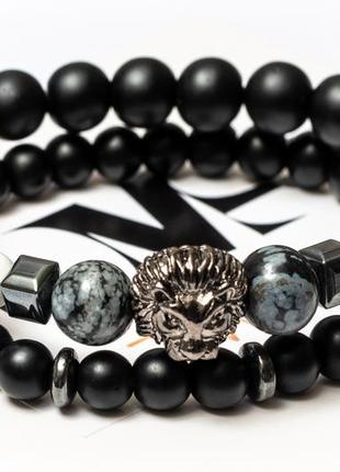 Shungite, Hematite, Cacholong, Obsidian Double Bracelet for Men, BRAVE LION2 photo