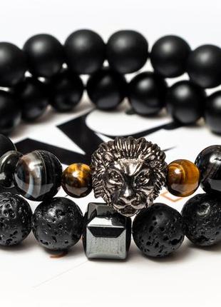Shungite, Hematite, Agate, Tigers Eye, Lava Double Bracelet for Men, FEARLESS LION2 photo
