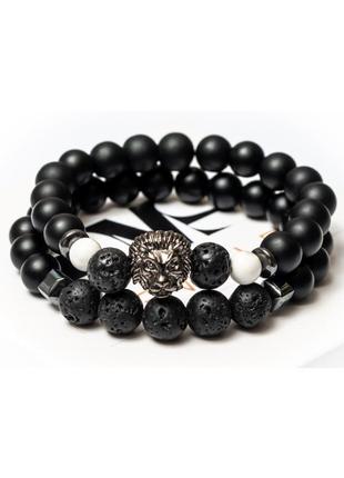 Shungite, Hematite, Cacholong, Lava Double Bracelet for Men, WHITE LION