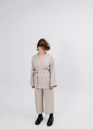 Linen dense textured kimono suit 2-pieces set with culottes2 photo