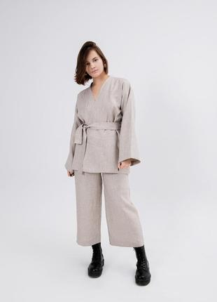 Linen dense textured kimono suit 2-pieces set with culottes
