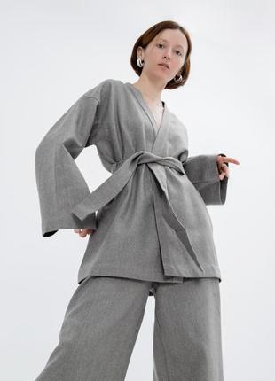 Linen dense textured kimono suit 2-pieces set with culottes1 photo