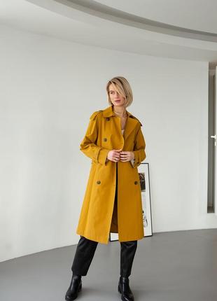 Woman mustard cotton trench coat, water-resistant3 photo
