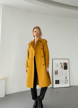 Woman mustard cotton trench coat, water-resistant4 photo