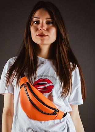 Orange leather bum bag with chain3 photo