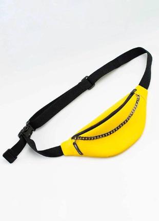 Yellow leather bum bag with chain1 photo