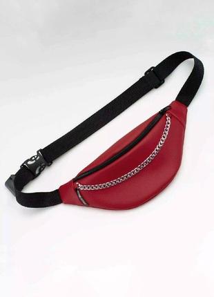 Burgundy leather bum bag with chain1 photo