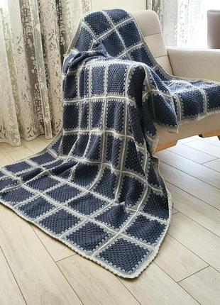 Crochet wool blanket Blue and Light Gray, Granny square