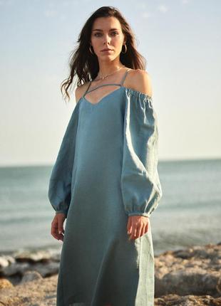 Dress with wide sleeves “Ukrainian” sea blue1 photo
