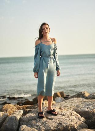 Dress with wide sleeves “Ukrainian” sea blue2 photo