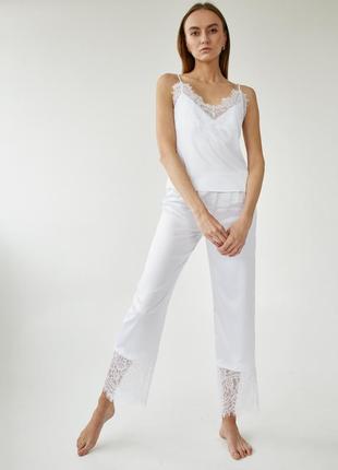 White silk pajama set with lace1 photo