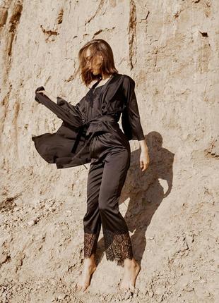 Black silk pajama set with lace8 photo