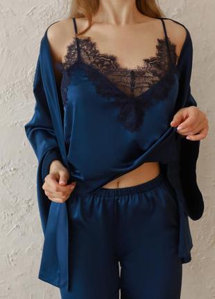 Dark blue silk pajama set with lace2 photo
