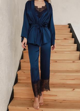 Dark blue silk 3 pieces pajama set with lace. Short robe kimono with pants and camisole PJ set.