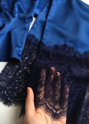 Dark blue silk 3 pieces pajama set with lace. Short robe kimono with pants and camisole PJ set.9 photo