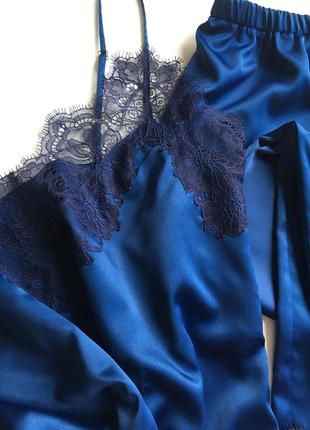 Dark blue silk 3 pieces pajama set with lace. Short robe kimono with pants and camisole PJ set.8 photo