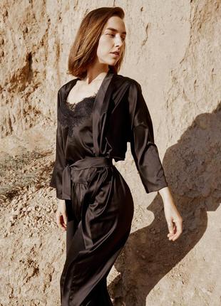 Black silk 3 pieces pajama set with lace. Long robe kimono with pants and camisole PJ set.3 photo