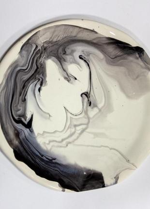 Handmade ceramic plate with marble pattern black on white10 photo