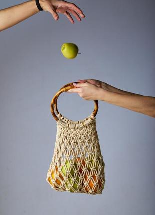 Shopping bag with wooden handle, eco bag, avoska, tote bag, reusable cotton bag