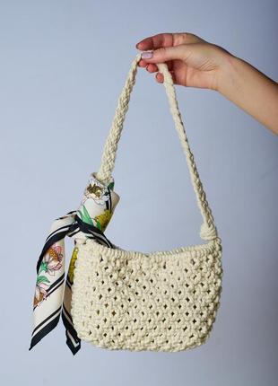 Small cotton knitted shoulder bag, trendy baguette bag, white purse in boho style