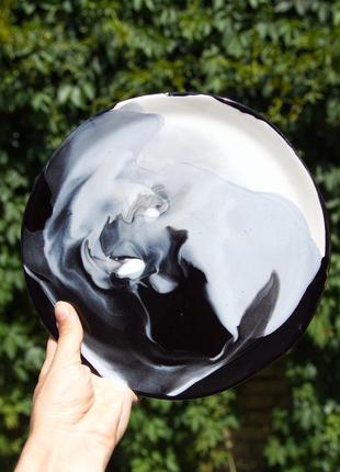 Handmade ceramic plate with marble pattern white on black10 photo