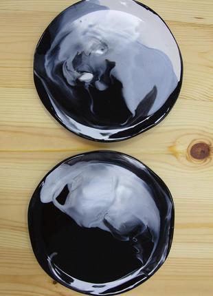 Handmade ceramic plate with marble pattern white on black8 photo