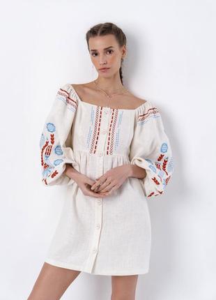 Linen embroidered dress in milk color Mozaika