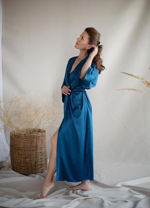 Teal blue long robe kimono with side slits.1 photo
