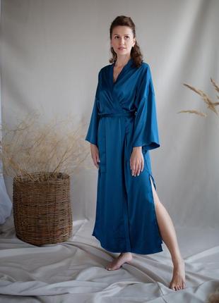 Teal blue long robe kimono with side slits.3 photo