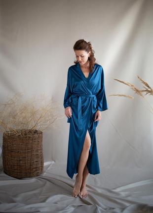 Teal blue long robe kimono with side slits.4 photo