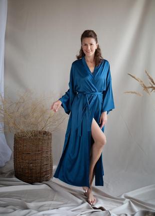 Teal blue long robe kimono with side slits.2 photo
