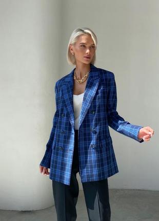 Woman blue double-breasted plaid blazer3 photo