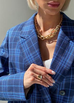 Woman blue double-breasted plaid blazer2 photo