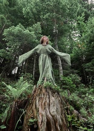 Linen kimono dress with fringed edges "Olive"