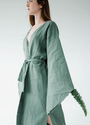 Linen kimono dress with fringed edges "Fern"8 photo