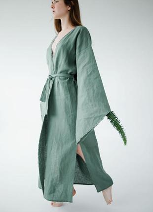 Linen kimono dress with fringed edges "Fern"