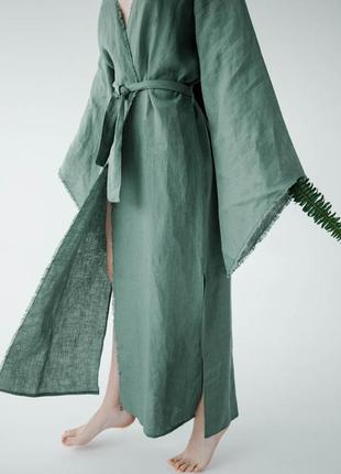 Linen kimono dress with fringed edges "Fern"9 photo