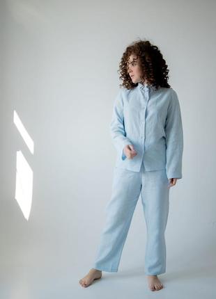 Linen suit - shirt with a stand-up collar and pants7 photo
