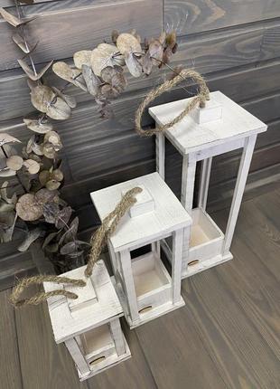Set of candlesticks wooden lanterns white-gray h25,35,453 photo