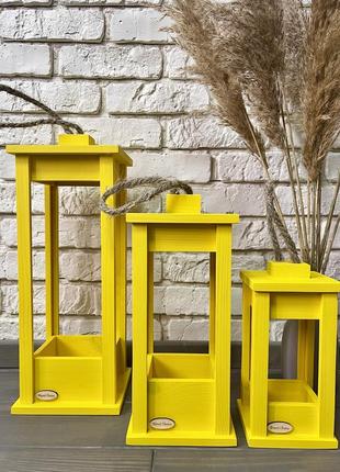 Set of candlesticks wooden lanterns yellow h25,35,45
