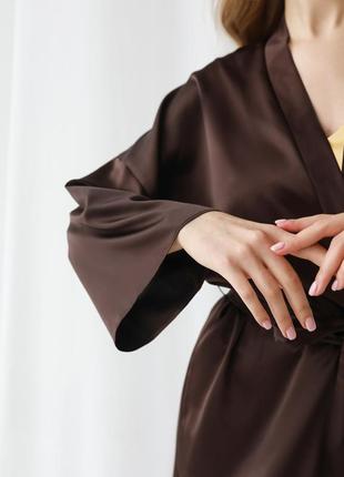 Dark brown silk long robe kimono with side slits.4 photo