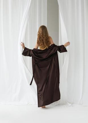 Dark brown silk long robe kimono with side slits.6 photo